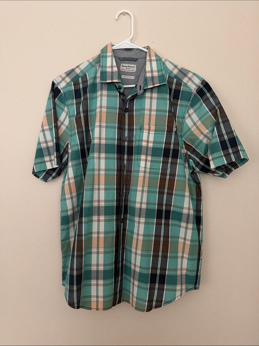 Tommy Bahama Teal, Navy & Tan Plaid Short-Sleeve Button-Down Shirt Large